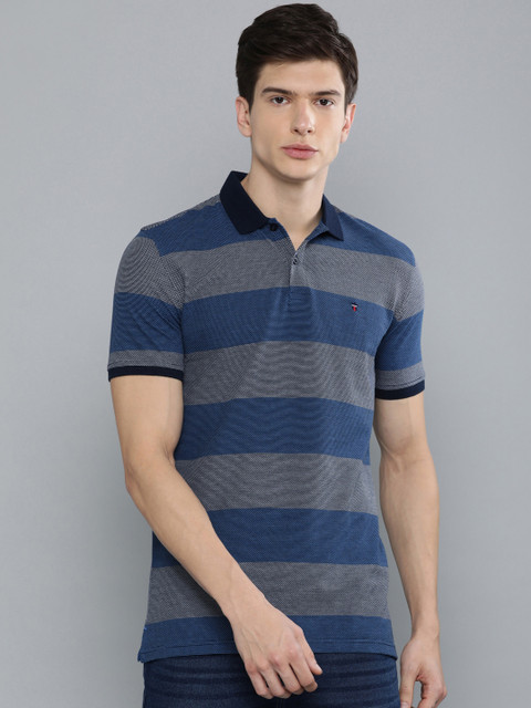 

Louis Philippe Sport Men Grey & Teal Blue Striped Slim Fit Polo Collar T-shirt