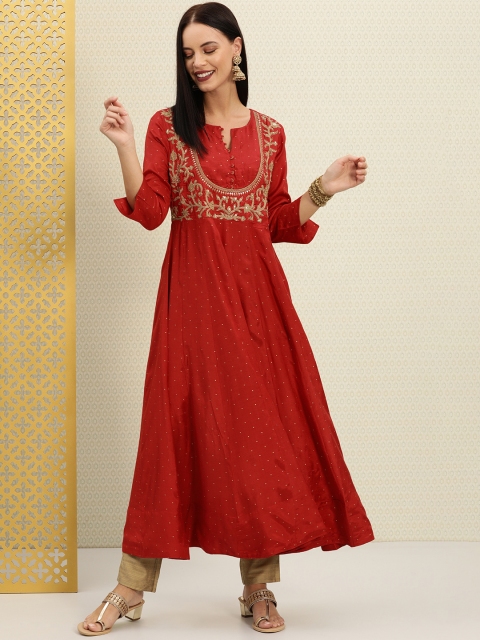 

House of Pataudi Women Red & Gold-Toned Embroidered A-Line Kurta