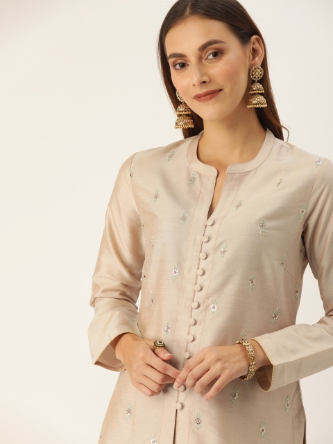 

House of Pataudi Women Beige Embroidered Kurta with Skirt