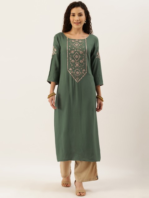 

House of Pataudi Women Green Embroidered Straight Kurta