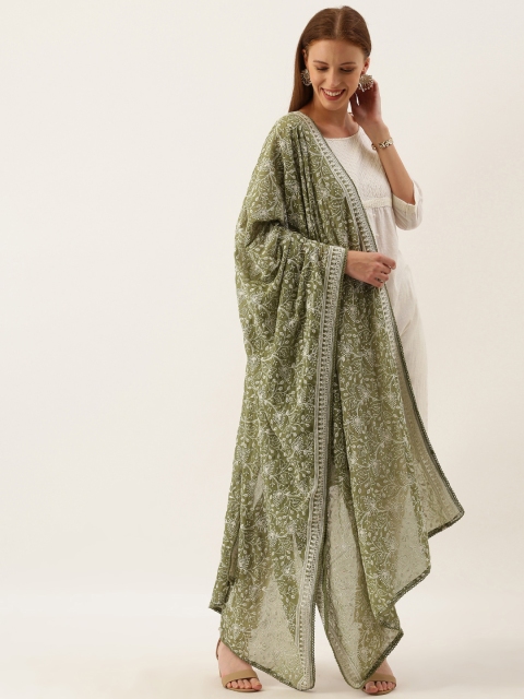 

House of Pataudi Green & White Thread Work Dupatta