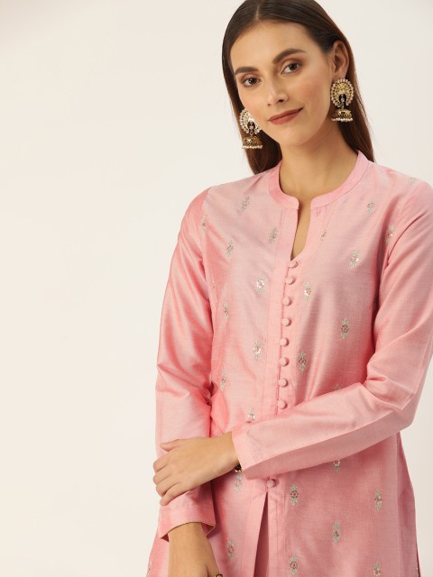 

House of Pataudi Women Pink Embroidered Kurta with Skirt