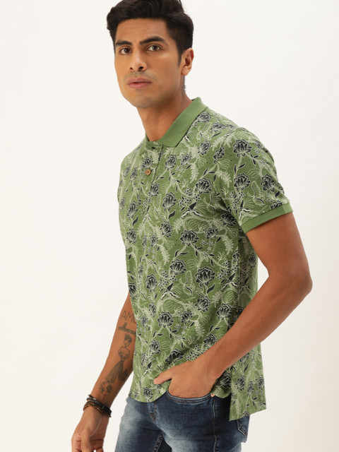 

Flying Machine Men Green & White Floral Printed Polo Collar T-shirt