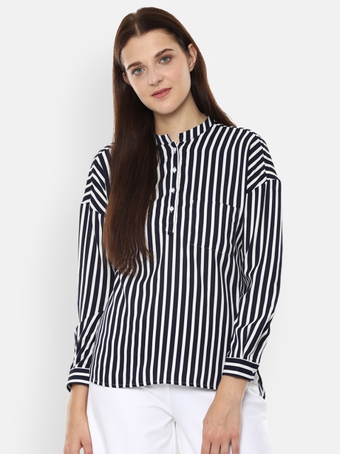 

Van Heusen Woman Navy Blue & White Striped Shirt Style Top