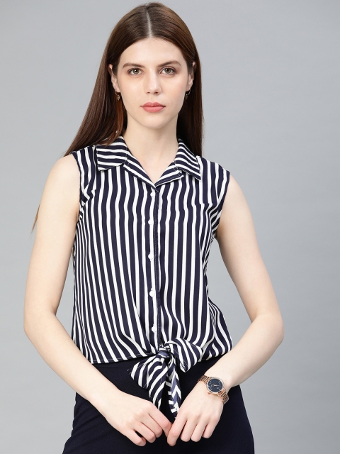 

Van Heusen Woman Navy Blue & White Regular Fit Striped Casual Shirt