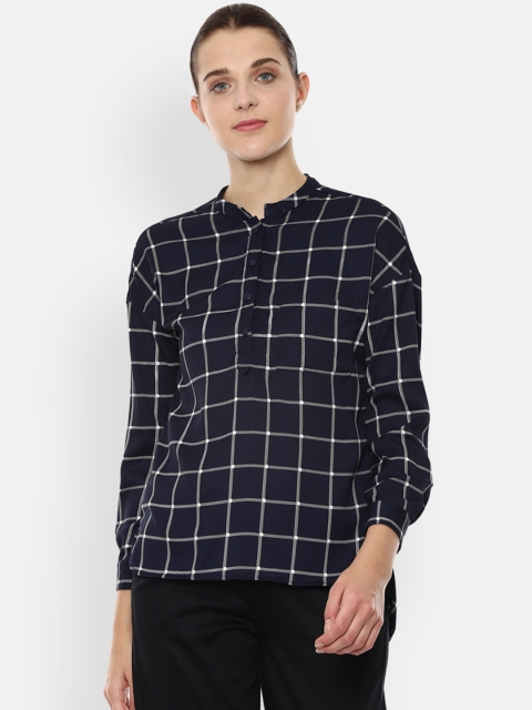 

Van Heusen Woman Navy Blue & White Checked Shirt Style Top