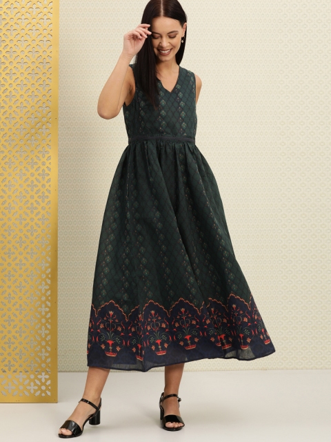 

House of Pataudi Women Green & Navy Blue Printed Fit and Flare Dress With Gathered Detail
