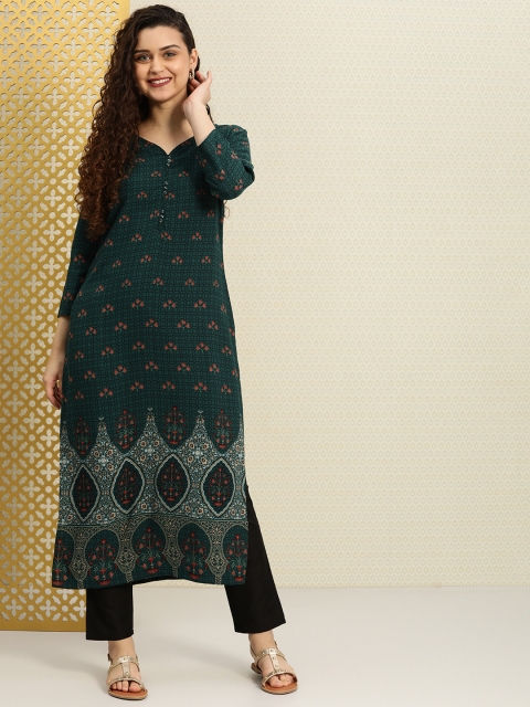 

House of Pataudi Women Green & Black Printed Straight Kurta