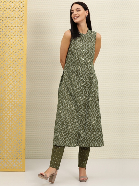 

House of Pataudi Women Olive Green & White Printed Kurta with Trousers