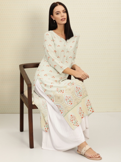 

House of Pataudi Women Green & White Printed Straight Kurta
