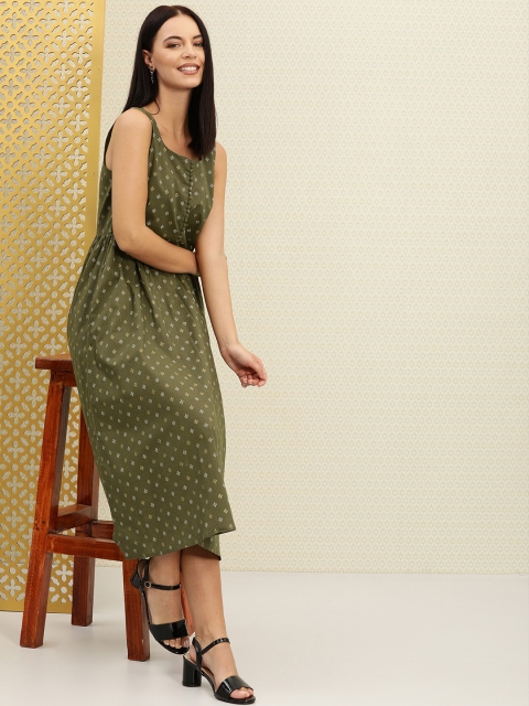 

House of Pataudi Women Olive Green Printed A-Line Dress