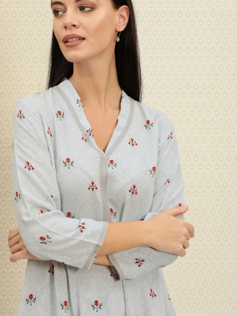 

House of Pataudi Women Grey & White Floral Print A-Line Kurta With Lace Inserts