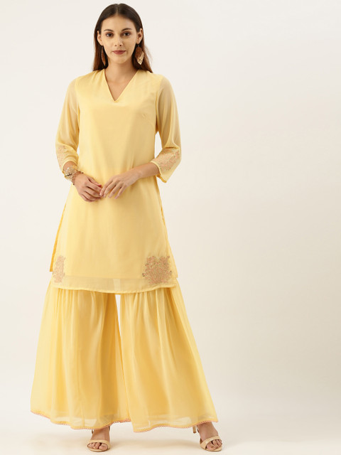 

House of Pataudi Women Yellow Solid Kurta with Palazzos
