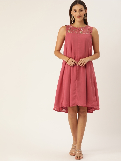

House of Pataudi Women Pink Solid A-Line Dress with Yoke Embroidery, Red