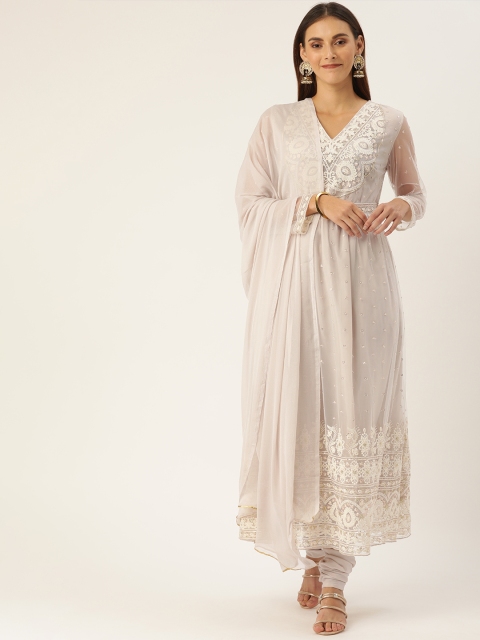 

House of Pataudi Women Grey & White Embroidered Kurta with Churidar & Dupatta