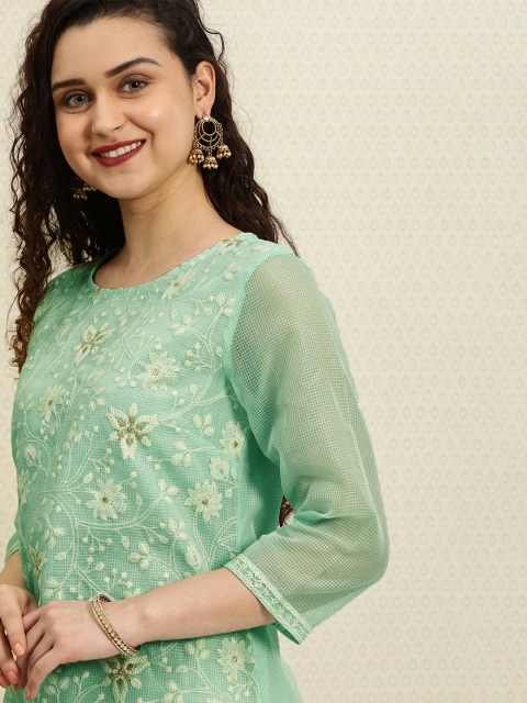 

House of Pataudi Women Green Embroidered A-Line Kurta