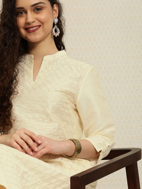

House of Pataudi Women Off-White & Golden Embroidered Straight Kurta