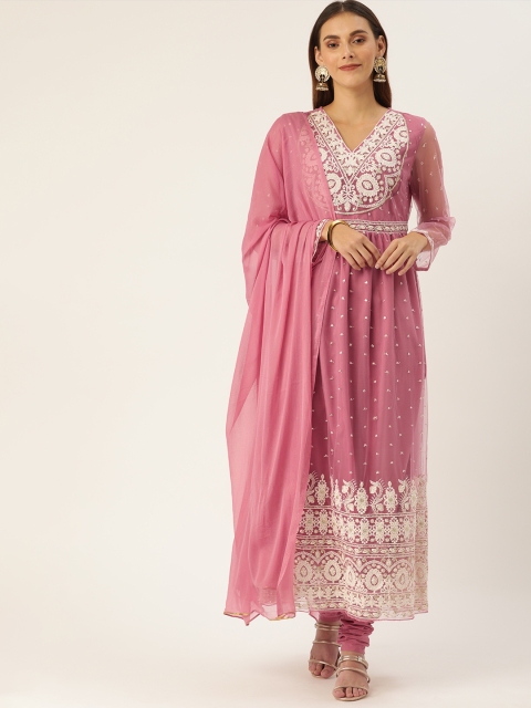 Women Pink & White Embroidered Kurta with Churidar & Dupatta