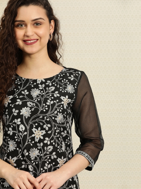 

House of Pataudi Women Black & Grey Embroidered A-Line Kurta