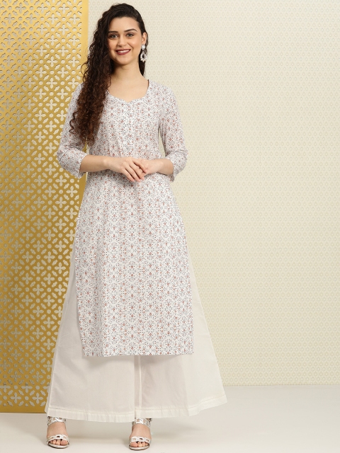 

House of Pataudi Women White & Red Printed Kurta with Palazzos