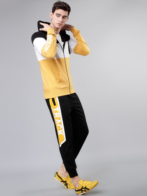 

LOCOMOTIVE Men Black & Yellow Colourblocked Hooded Sweatshirt