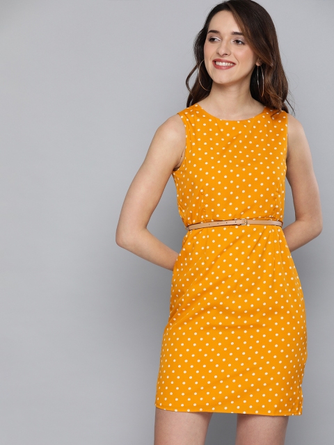

Mast & Harbour Mustard Yellow & Off-White Polka Dot Print Sheath Dress