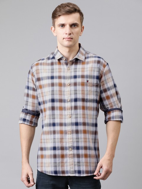 

Louis Philippe Jeans Men Brown & Navy Blue Slim Fit Checked Casual Shirt