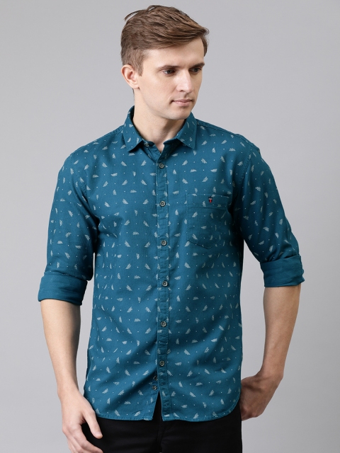 

Louis Philippe Jeans Men Teal Blue & White Slim Fit Floral Printed Casual Shirt