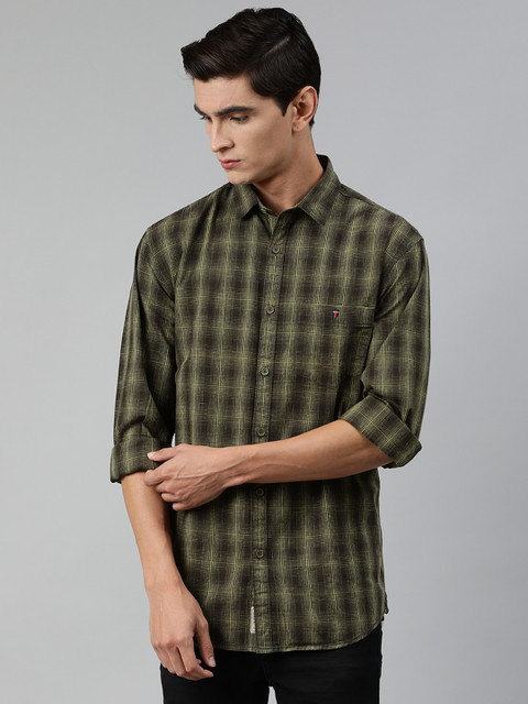 

Louis Philippe Jeans Men Olive Green & Brown Slim Fit Checked Casual Shirt