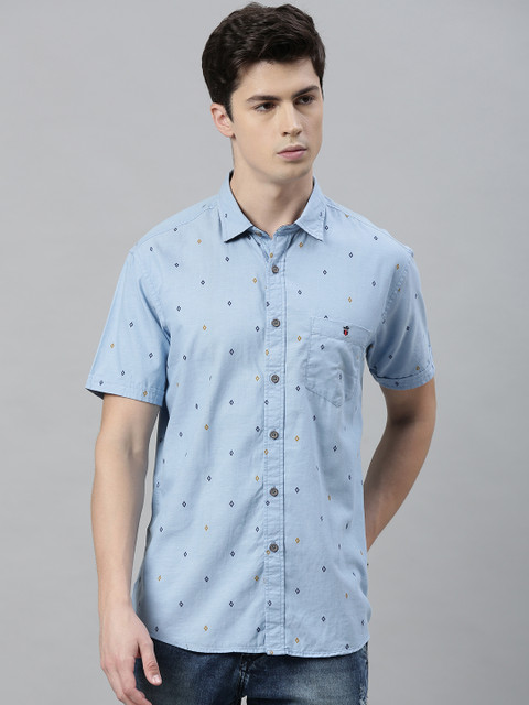 

Louis Philippe Jeans Men Blue & Mustard Yellow Slim Fit Printed Casual Shirt