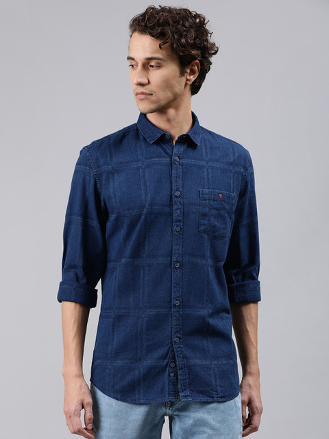

Louis Philippe Jeans Men Navy Blue Super Slim Fit Solid Checked Shirt