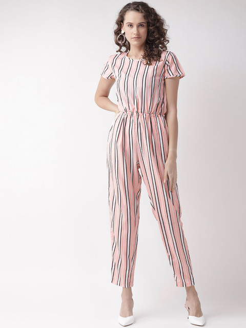 

U&F Women Pink & White Striped Basic Jumpsuit