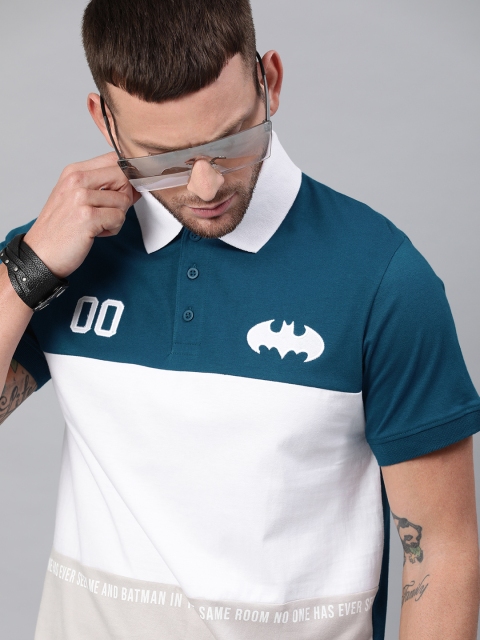 

Justice League Men White & Teal Blue Colourblocked Batman Embroidered Polo Collar T-shirt