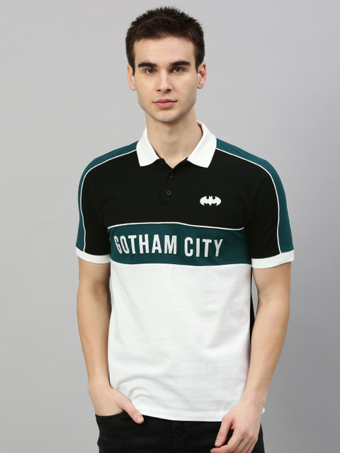 

Justice League Men White & Black Colourblocked Polo Collar T-shirt with Printed Detail