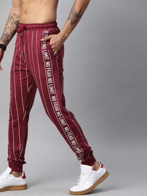 

Kook N Keech Men Maroon & White Striped Regular Fit Joggers with Printed Detail