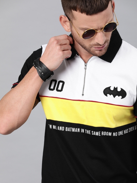 

Justice League Men Black & White Colourblocked Polo Collar T-shirt with Batman Embroidery
