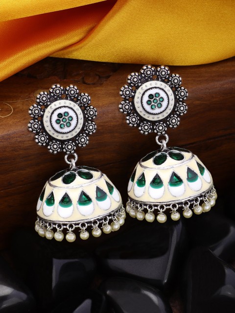 

Peora Silver-Plated & Green Meenakari Dome Shaped Jhumkas