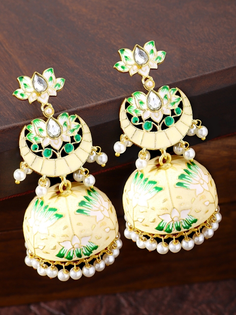

Peora Gold-Plated & Cream-Coloured Meenakari Handwork Dome Shaped Jhumkas