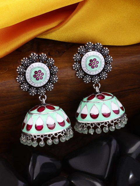 

Peora Oxidised Silver-Plated & Green Meenakari Dome Shaped Jhumkas