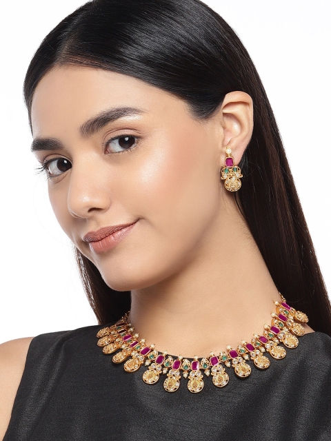 

Peora Gold-Plated Matte Finish Ruby Emerald Cubic Zirconia Stone Studded Jewellery Set