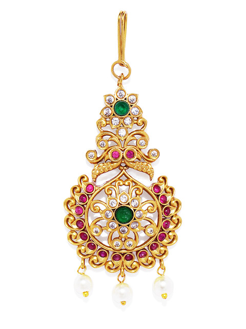 

Peora Gold-Plated & Pink Cubic-Zirconia & Emerald Studded Maang Tikka