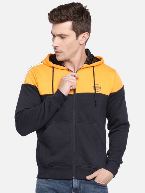 

Proline Active Men Navy Blue & Yellow Colourblocked Hooded Sweatshirt