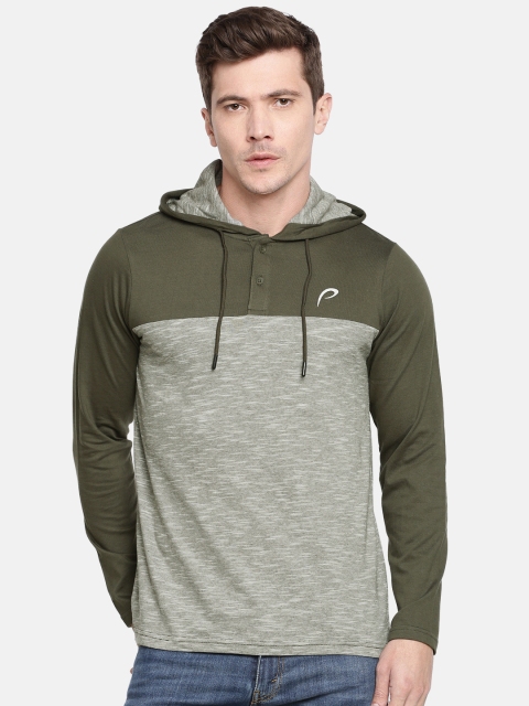 

Proline Active Men Olive Green & Off-White Colourblocked Hood T-shirt