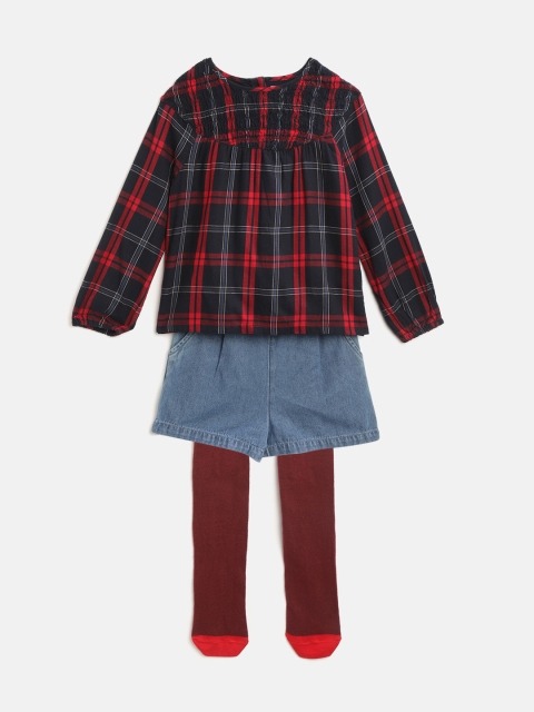 

Marks & Spencer Girls Maroon & Blue Checked Top with Chambray Shorts & Stockings