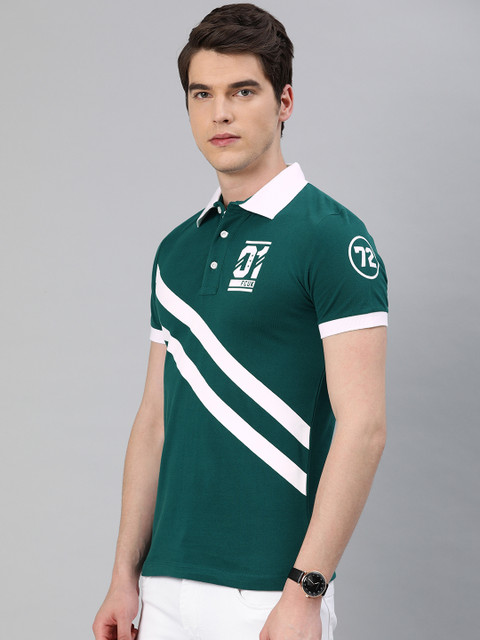 

French Connection Men Teal Blue White Printed Polo Collar T-shirt