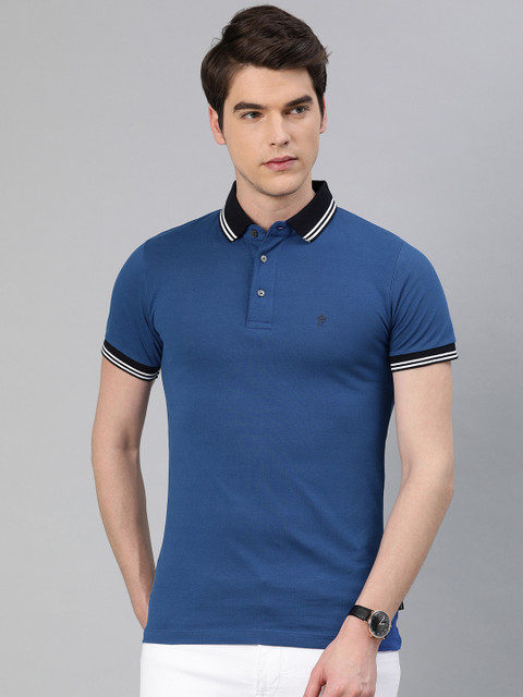 

French Connection Men Blue Slim Fit Solid Polo Collar Pure Cotton T-shirt