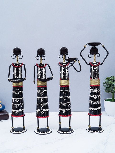 

Golden Peacock Set of 4 Black & White Handcrafted Metal Iron Black Lady Worker Figurine