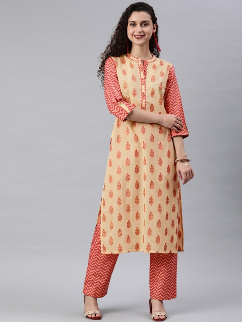 

Juniper Women Coral Red & Beige Printed Kurta with Trousers