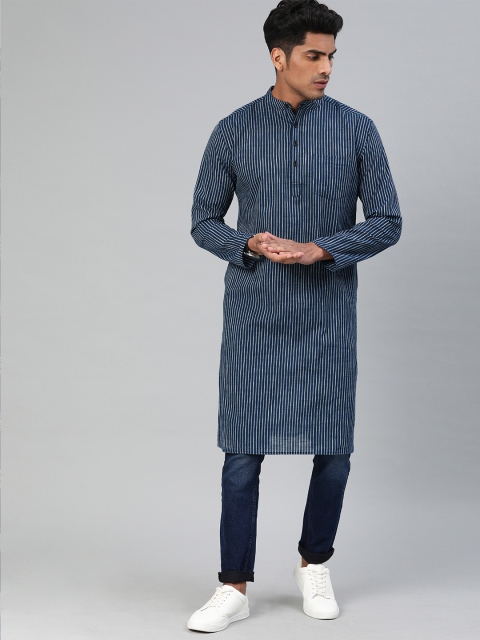 

Svanik Men Navy Blue & White Woven Design Straight Kurta