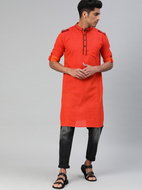 

Svanik Men Orange Woven Design Straight Kurta